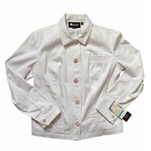 Christine Alexander White Denim Jacket Embellished Swarovski Crystal Rhinestones
